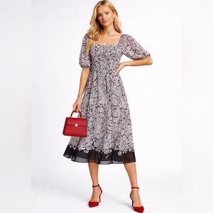 Anthropologie Black & Cream Floral Midi‎ Dress | Romantic Cottagecore